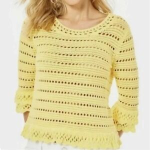 Lilly Pulitzer Yellow Crochet Knit Ruffle Sleeve Sweater Top Womens Medium